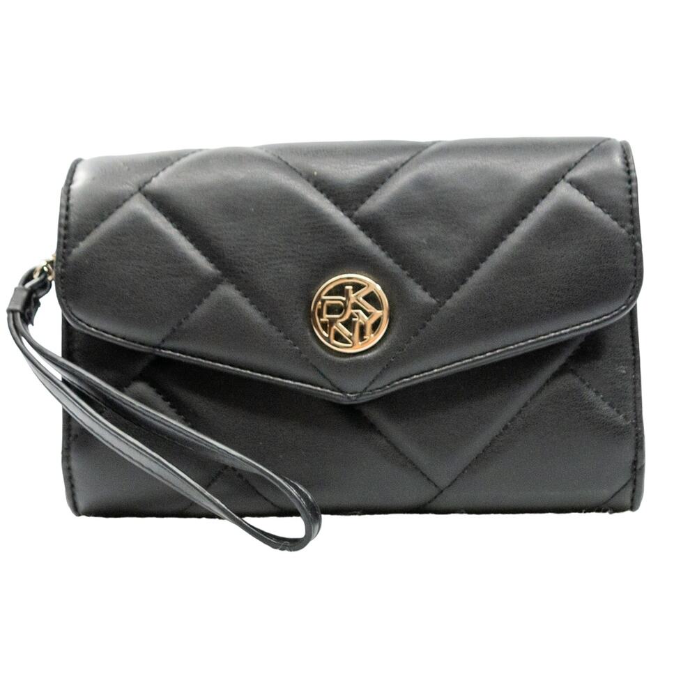 DKNY Black Quilted Modern Classic Wristlet Wallet Clutch Gold Hardware NWT
